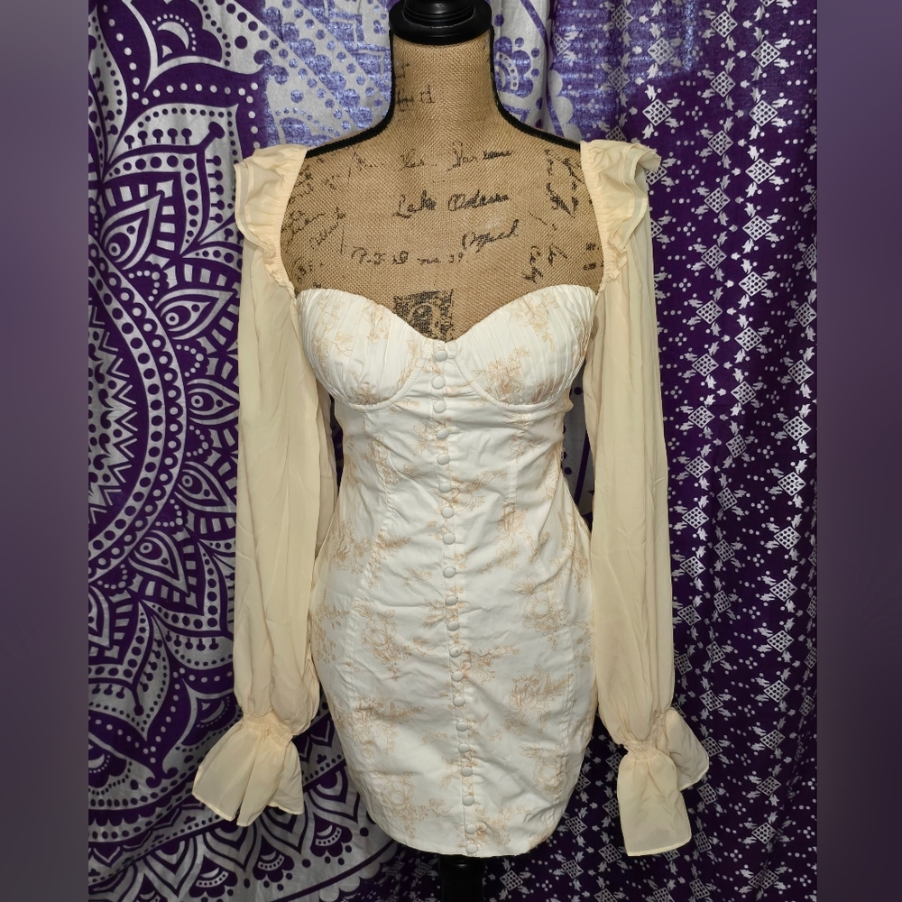 Oh Polly Cream Long Sleeve Batch A - Sand Print Dress